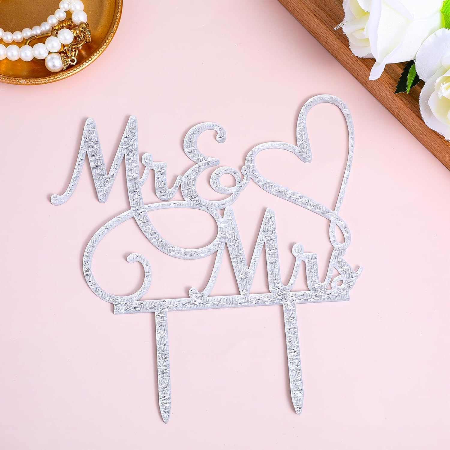 Sibba Mr and Mrs Cake Topper Decoration Glitter Wedding Cake Topper Anniversary Cupcake Picks Party Decorations Supplies Card Decor Pantry Staples Cooking Baking for Bride Groom Engagement-5