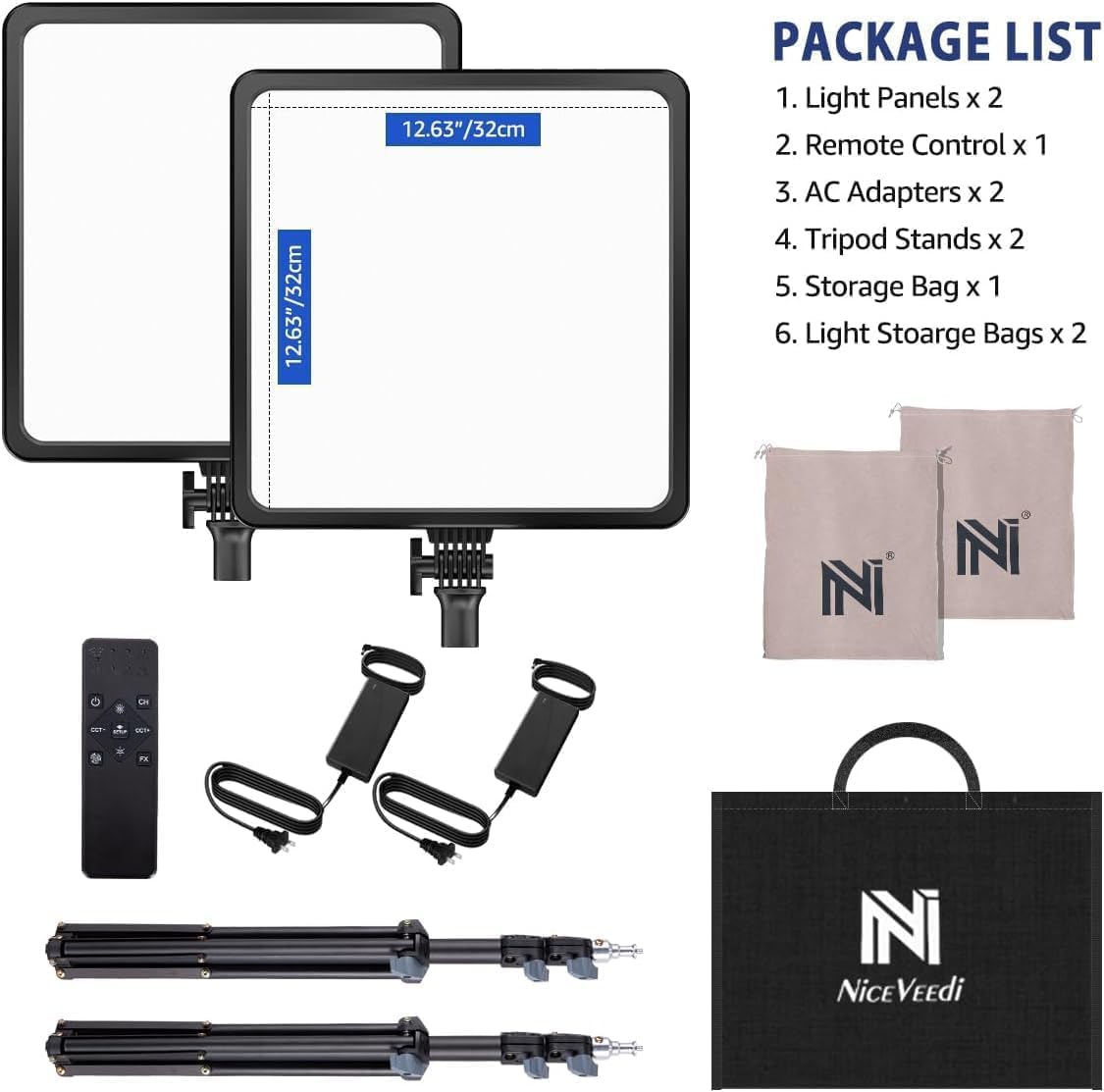 2-Pack 48W Video Light Kit, NiceVeedi 2700-8500K Dimmable Bi-Color CRI 97+ Photography Light with Remote Control&79" Tripod Stand, Professional Studio Light for Studio, YouTube Video-6