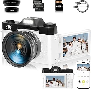 4K Digital Camera, 56MP, 16X Optical Zoom, WiFi, 3'' 180° Flip Screen, 2 Batteries, 64GB Card, White